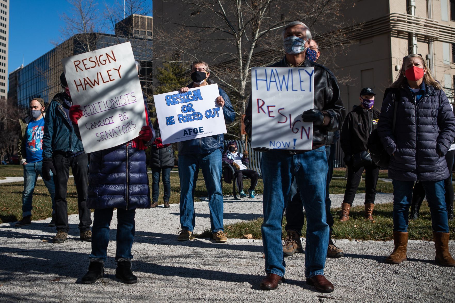 Demonstrators demand Hawley's resignation at downtown protest